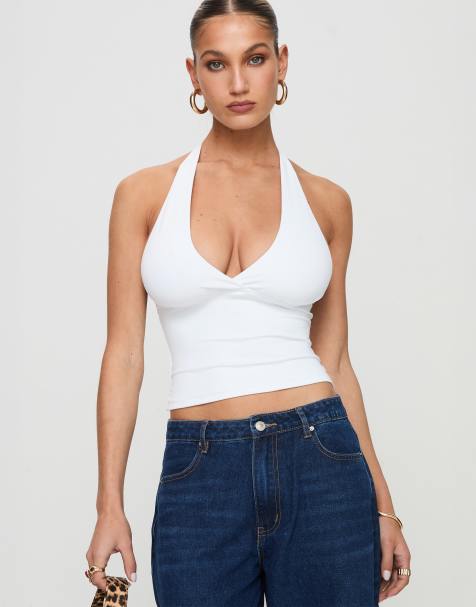Princess Polly Whimsy slinky plunge halter neck top in white - view 1
