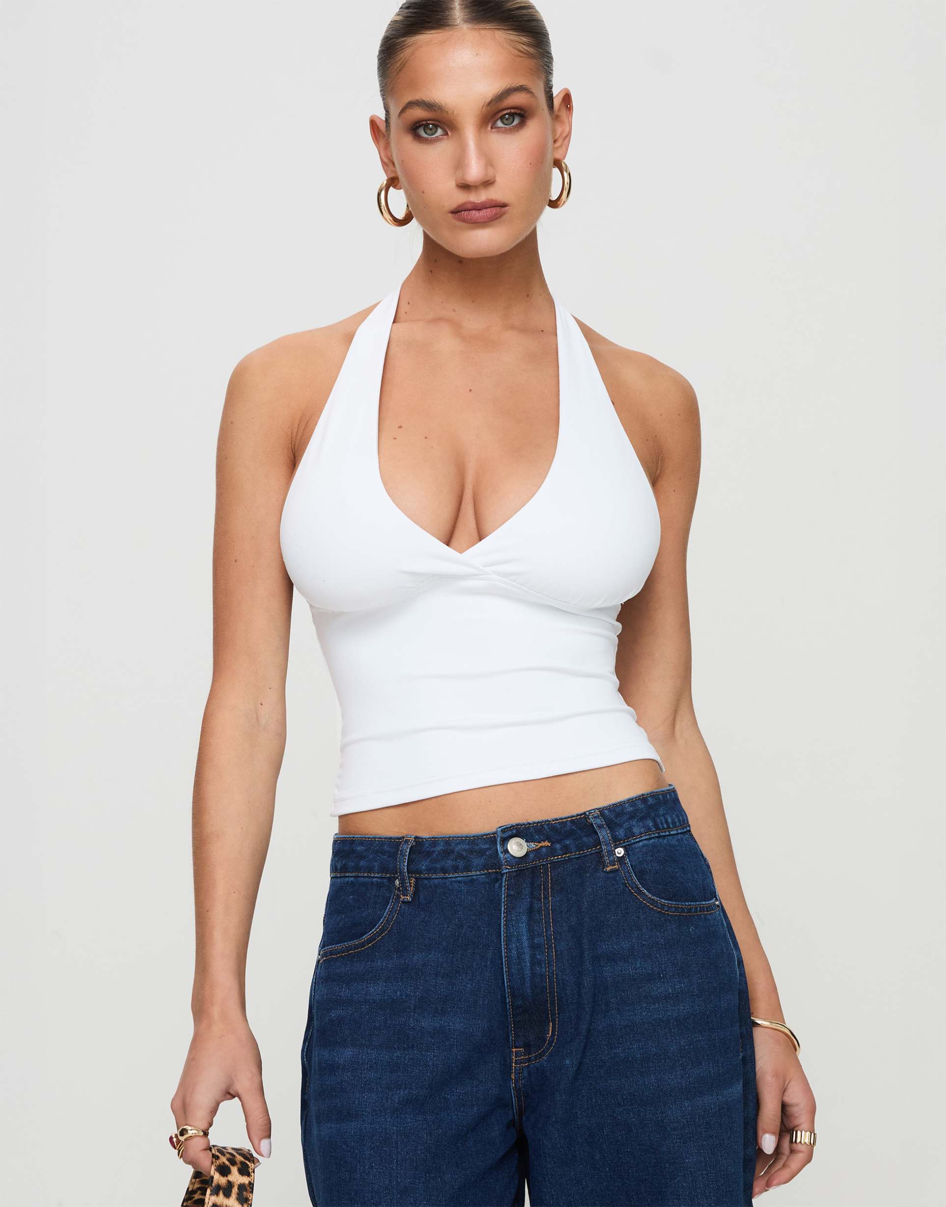 princess polly whimsy slinky plunge halter neck top in white