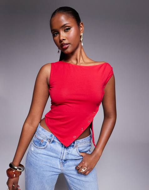 Princess Polly wide neck asymmetric popper detail top in red - view 1