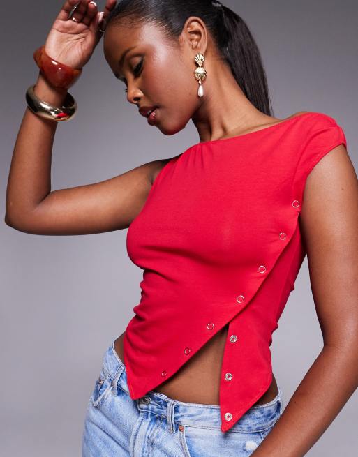 Princess Polly wide neck asymmetric popper detail top in red ASOS