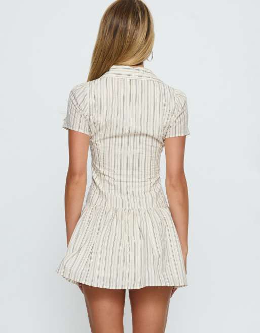 Princess Polly - Windswept - Robe chemise courte boutonnée en coton majoritaire à rayures - Crème, 3 de 4