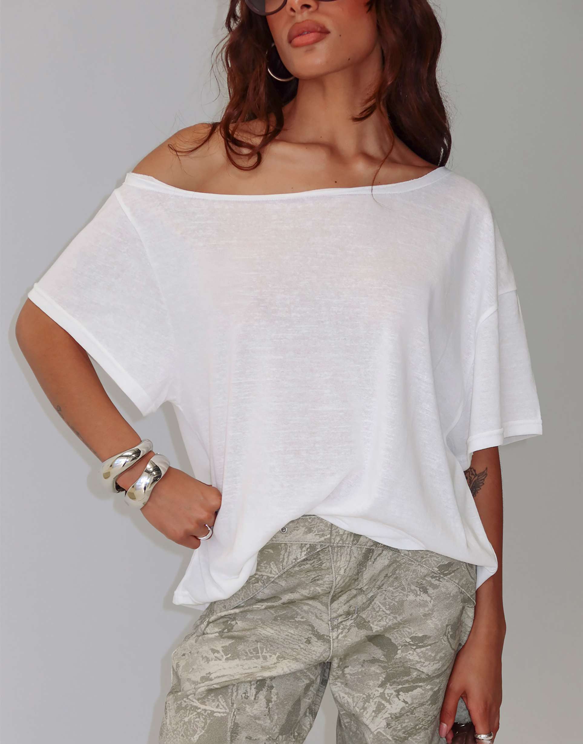 princess polly winny cotton rich off shoulder relaxed fit t-shirt in white