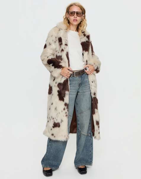 Princess Polly Winter Breeze faux fur maxi coat in cream & brown cow print - view 1
