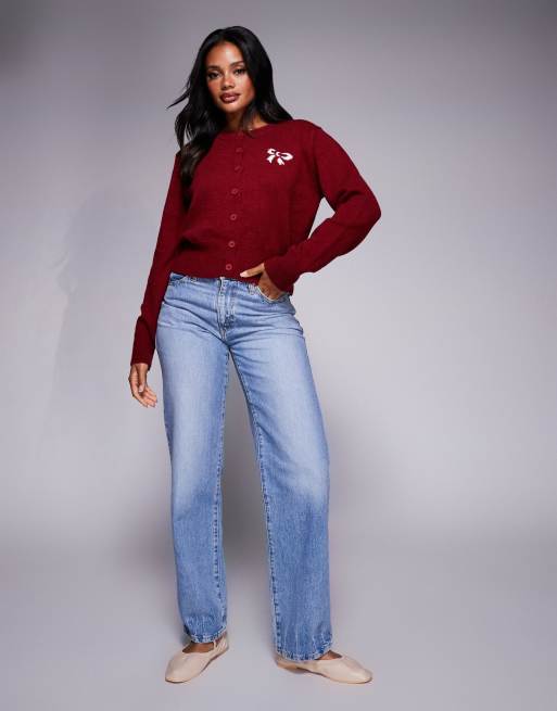 Princess Polly With A Bow button through bow graphic cardigan in burgundy, 2 of 4