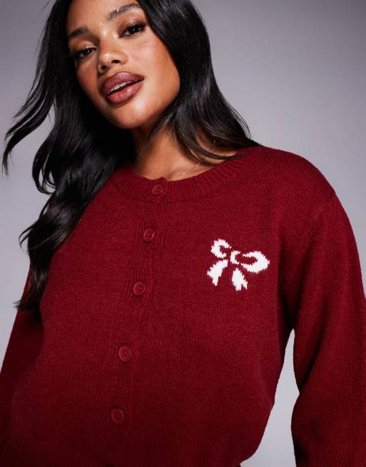 Princess Polly With A Bow button through bow graphic cardigan in burgundy, 4 of 4