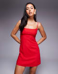 [Princess Polly] Princess Polly Wurli linen-blend cami square neck open back mini dress in red 14 RED