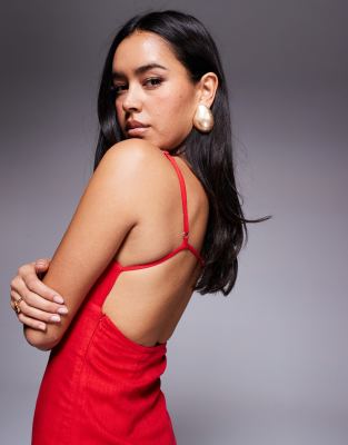 Princess Polly Wurli Linen Blend Cami Square Neck Open Back Mini Dress In Red