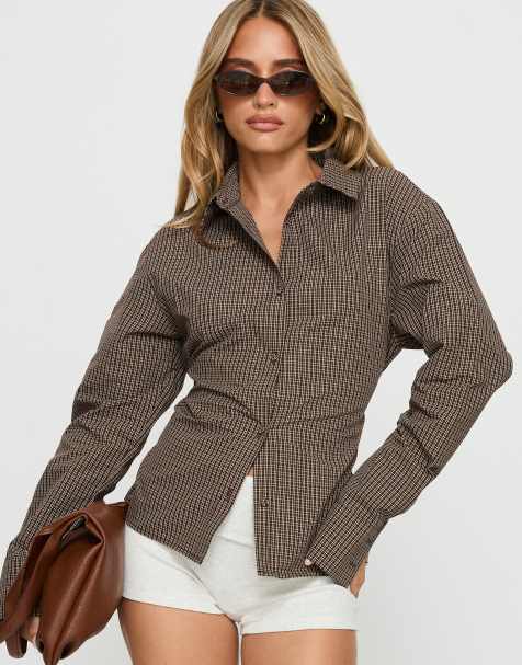 Princess Polly Xinia fitted waist cocoon sleeve tie back detail shirt in brown check - view 1