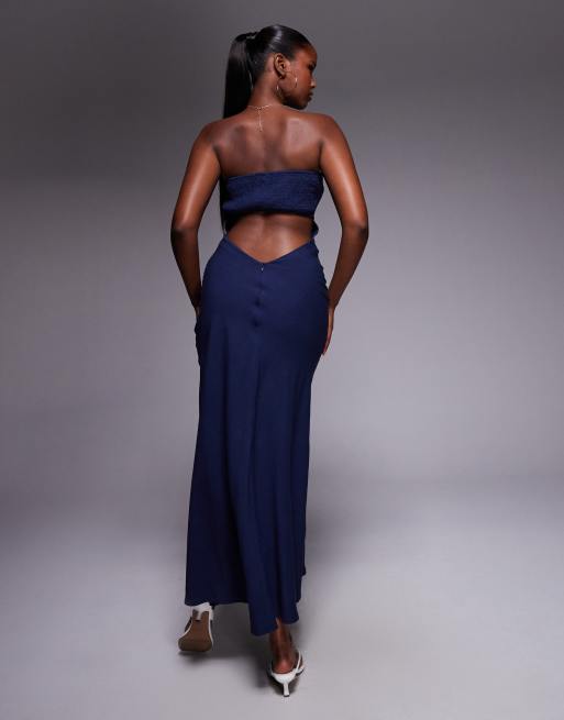 Princess Polly Yahir linen blend bandeau shirred back cut out detail maxi  dress in navy | ASOS