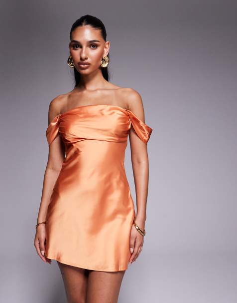 Princess Polly Zabbarra satin bardot drape detail mini dress in orange - view 1