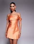 [Princess Polly] Princess Polly Zabbarra satin bardot drape detail mini dress in orange 8 ORANGE