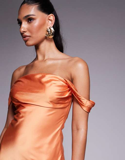 Princess Polly Zabbarra satin off the shoulder drape detail mini dress in orange
