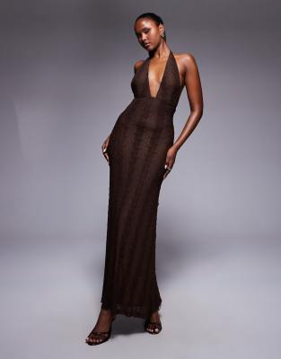 Princess Polly - Zoi - Robe longue en dentelle nouée autour du cou avec décolleté plongeant - Marron-Brown