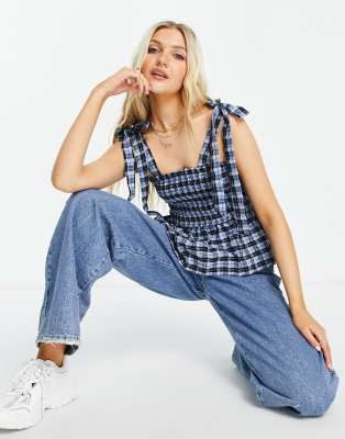 Майки и топы  Asos Присборенная синяя майка в клетку с завязками на лямках New Look-Голубой