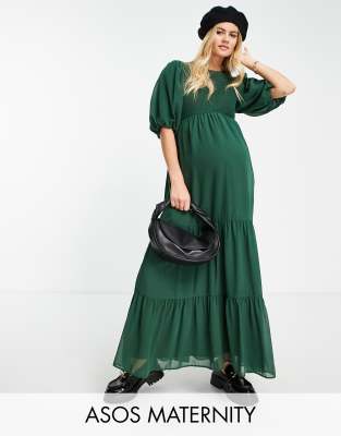 фото Присборенное ярусное платье макси хвойно-зеленого цвета asos design maternity-зеленый цвет asos maternity