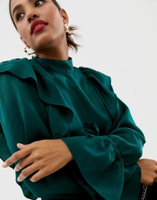 фото Приталенная блузка с длинными рукавами и оборками asos design-зеленый