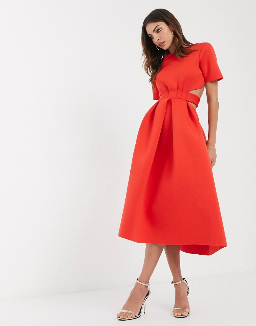 фото Приталенное платье миди с поясом и вырезами asos design-красный