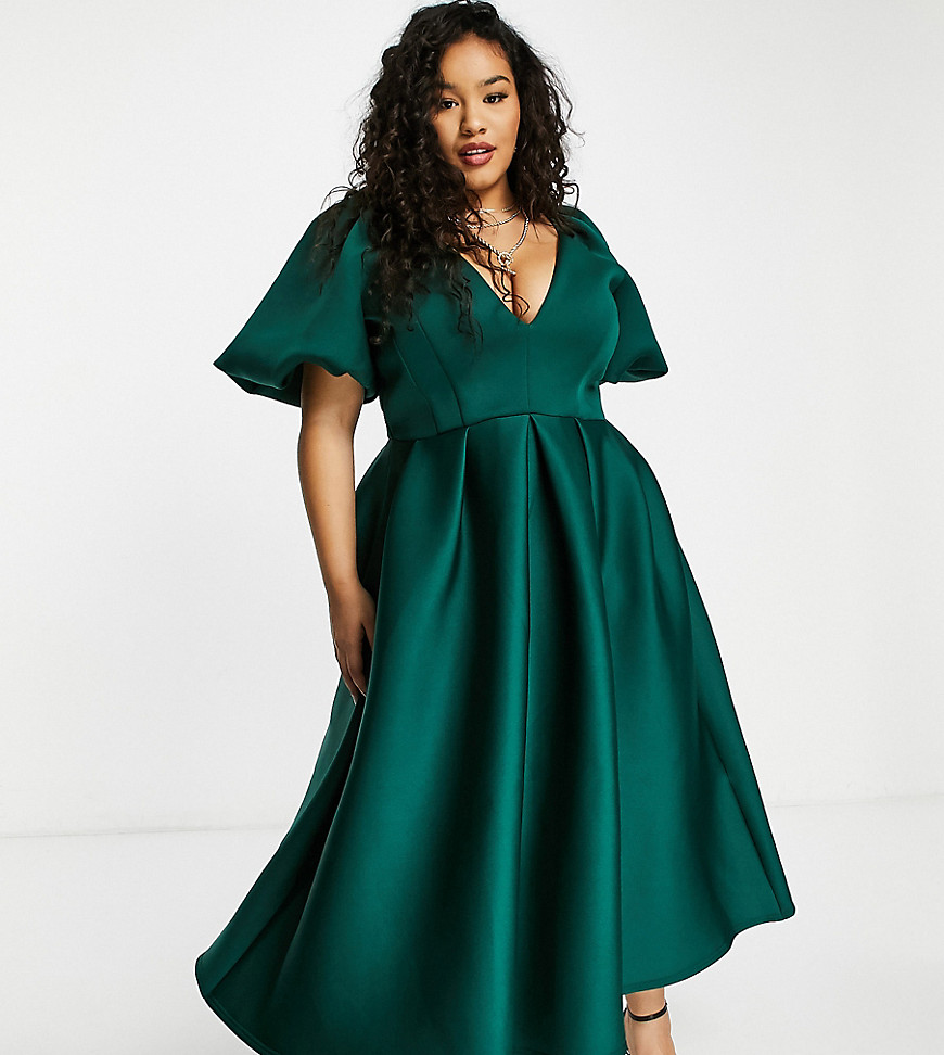 Приталенное платье миди темно-зеленого цвета для выпускного с расклешенной юбкой True Violet Plus-Зеленый