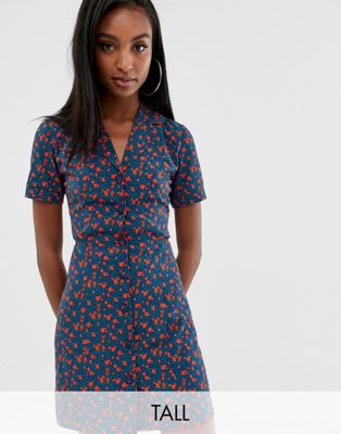 фото Приталенное платье-рубашка с цветочным принтом fashion union tall-темно-синий