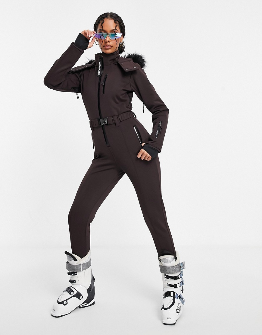 фото Приталенный лыжный комбинезон с отделкой искусственным мехом на капюшоне и поясом asos 4505 ski-коричневый