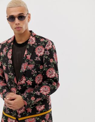 фото Приталенный пиджак с цветочной вышивкой и лентой asos design-черный