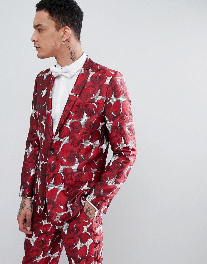 фото Приталенный жаккардовый пиджак с красным цветочным принтом asos edition-красный