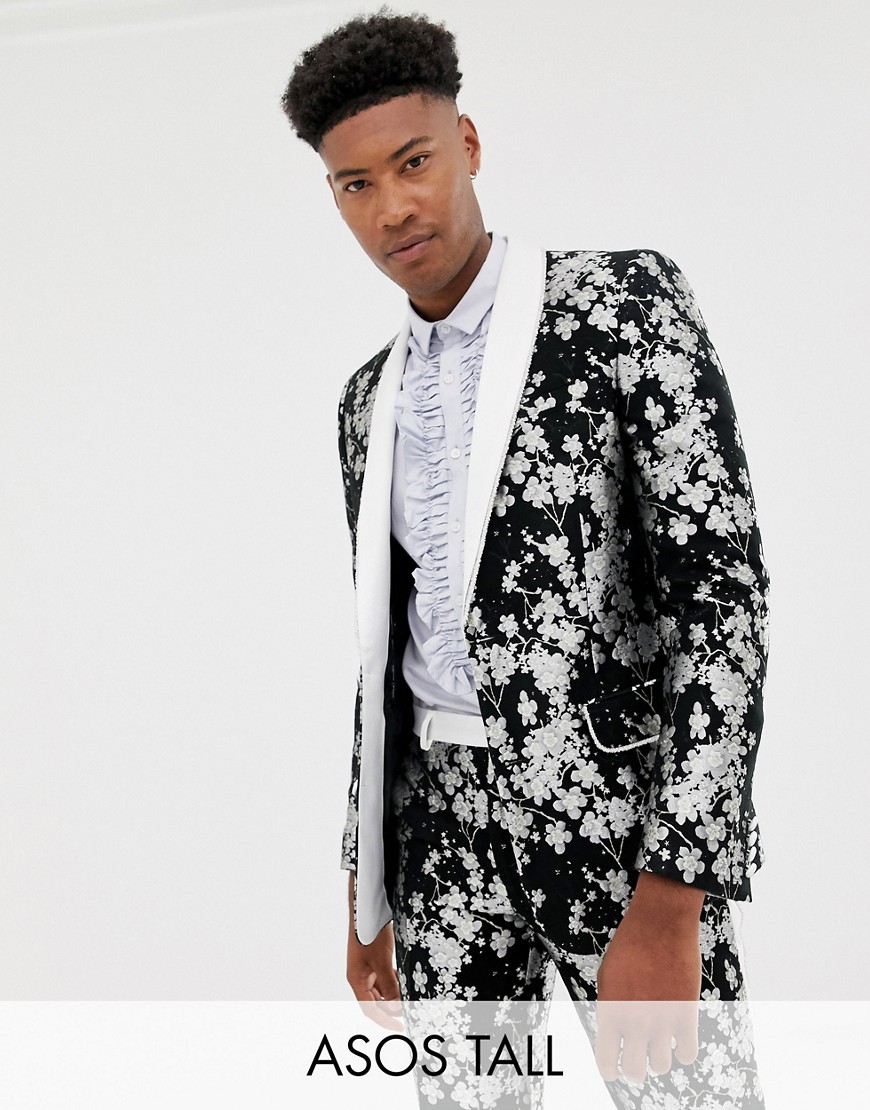 фото Приталенный жаккардовый пиджак-смокинг с монохромной цветочной отделкой asos edition tall-черный
