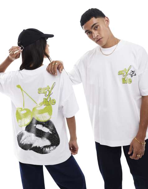 PRNT Aol cherry front print and back print oversized t-shirt in white - view 1