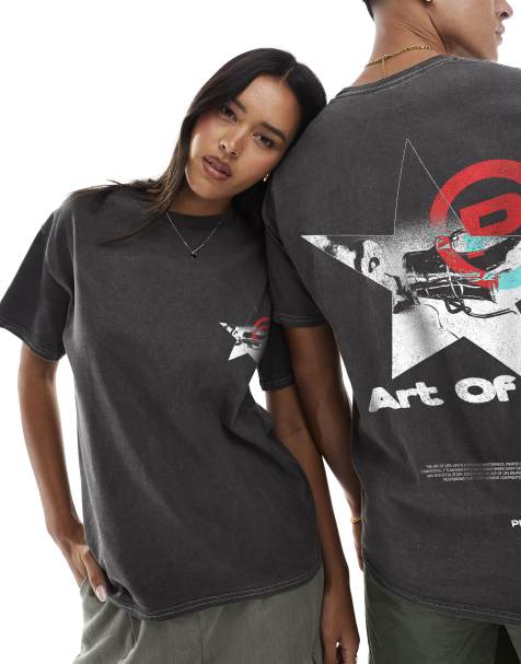 PRNT Aol star front print and back print washed t-shirt in charcoal overdye - view 1