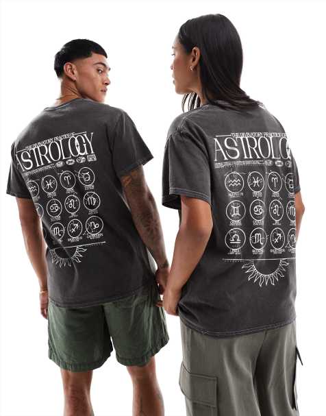 PRNT Astrology front and back print washed t-shirt in charcoal overdye - view 1