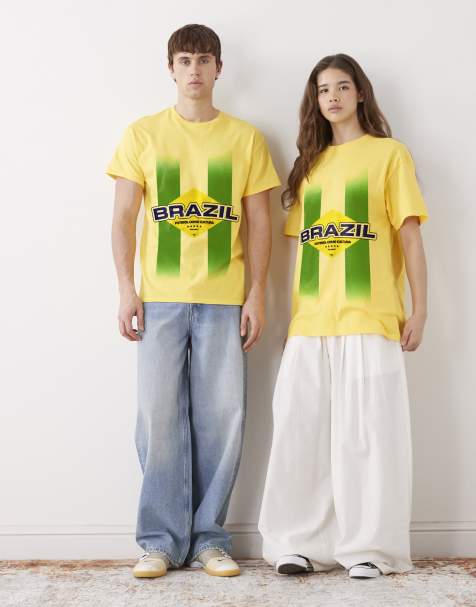 PRNT Brazil stripes football graphic relaxed fit t-shirt in yellow - view 1