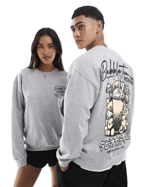 PRNT Bubble tea house front and back print sweatshirt in sports grey - view 1