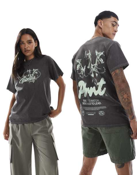 PRNT Built to watch t-shirt in chacoal overdye in charcoal overdye 