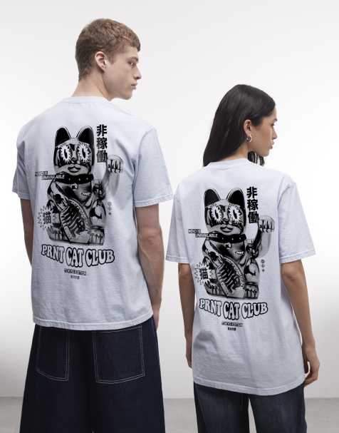 PRNT Cat club relaxed t-shirt in ice blue overdye - view 1