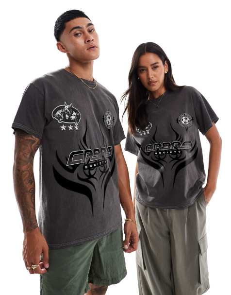 PRNT Cerberus fetch front and back print washed t-shirt in charcoal overdye - view 1