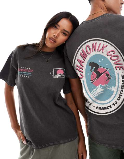 PRNT Chamonix cove front and back print washed t-shirt in charcoal overdye - view 1
