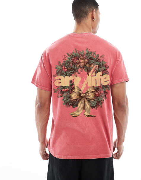 PRNT Christmas wreath oversized washed t-shirt in red overdye