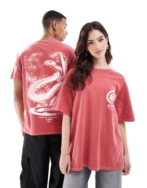 PRNT Cny classic front print and back print washed t-shirt in red overdye - view 1