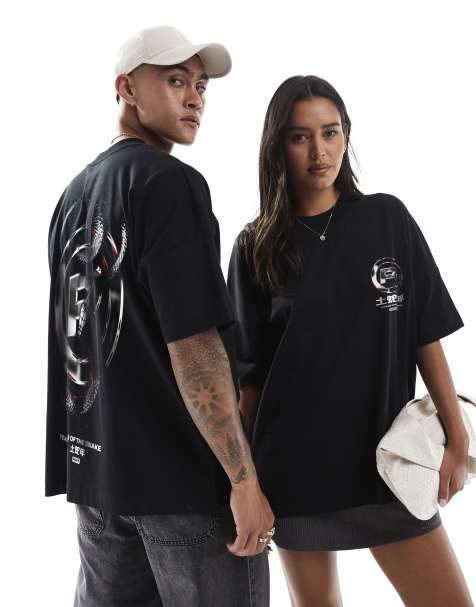 PRNT Cny front print and back print oversized t-shirt in black 
