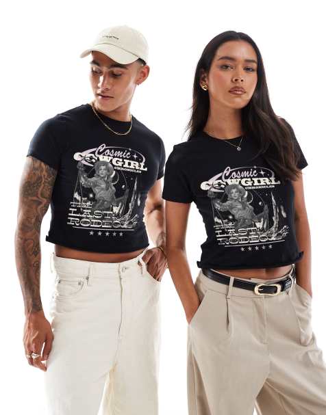 PRNT Cosmic cowgirl crop front print crop t-shirt in black 