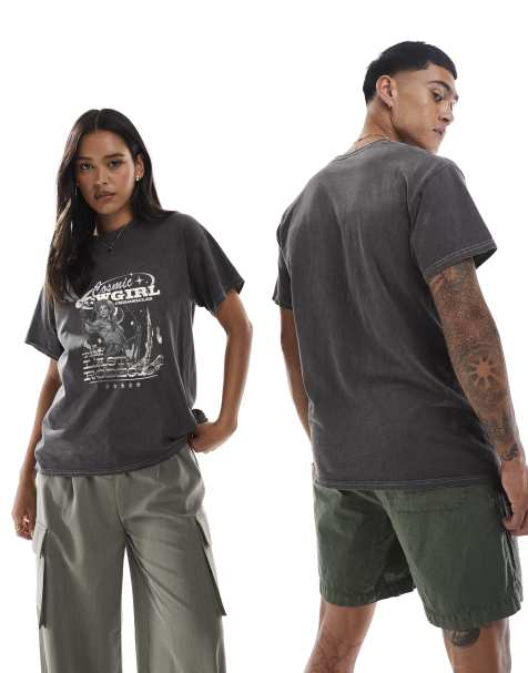 PRNT Cosmic cowgirl front print washed t-shirt in charcoal overdye 