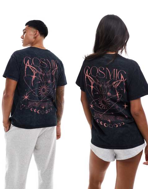 PRNT Cosmic front and back print washed t-shirt in snow wash - view 1
