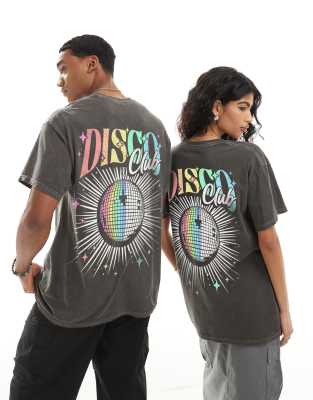 PRNT Disco club graphic t-shirt front and back print in charcoal overdye-Grey