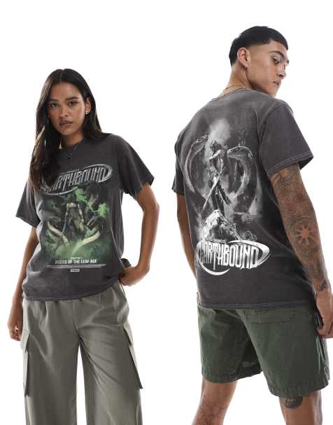 PRNT Earthbound roots front print and back print washed t-shirt in charcoal overdye - view 1