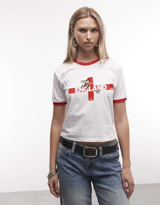 PRNT England cartoon graphic ringer t-shirt in white/red, 3 of 4