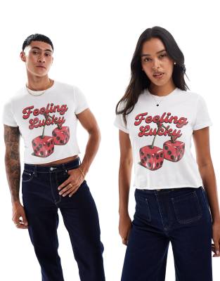 PRNT Feeling lucky front print crop t-shirt in white