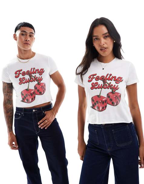 PRNT Feeling lucky front print crop t-shirt in white - view 1