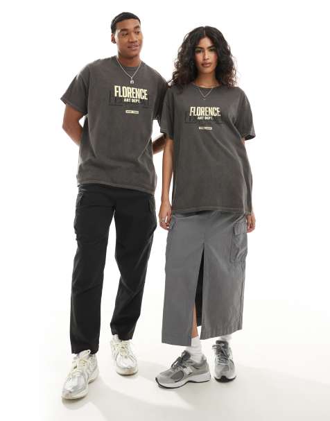 PRNT Florence art dept front print and back print washed t-shirt in charcoal overdye - view 1