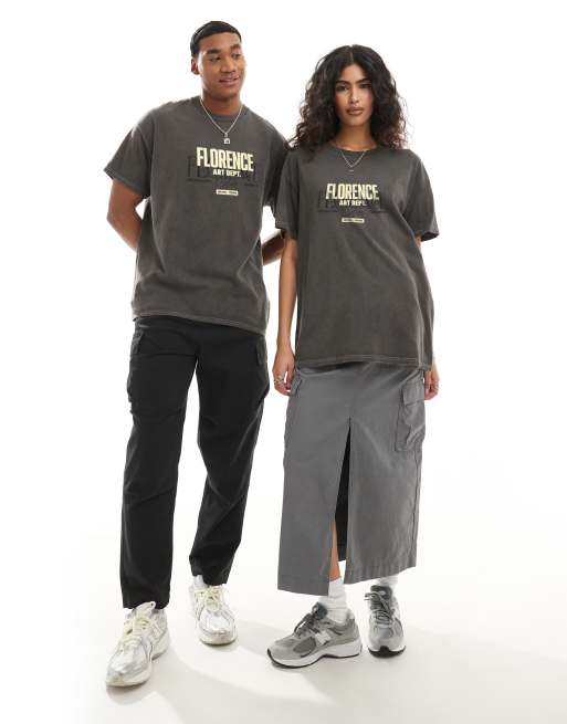 PRNT Florence art dept front print and back print washed t-shirt in charcoal overdye