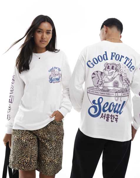 PRNT Good for the seoul tiger bowl front and back print long sleeve t-shirt in white 